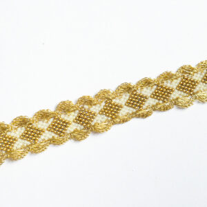 White and gold Pearl trim with gold scalloped edging